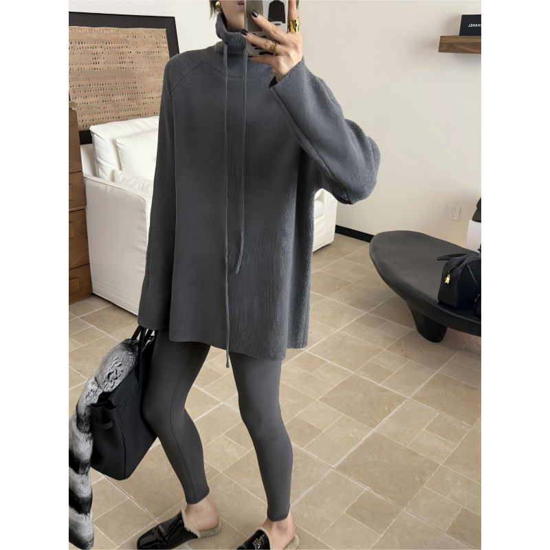 【格雷灰】高领抽绳插肩袖套头毛衣*25DK12Y-23