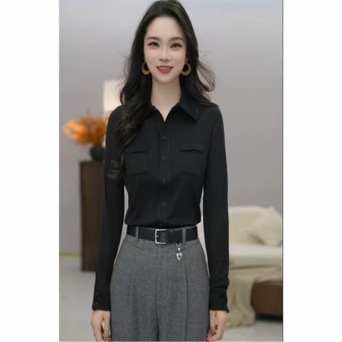 GIRDEAR/哥弟女士衬衫领黑色保暖上衣修身型长袖气质翻领130116
