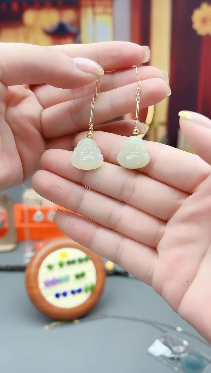 银S925镶嵌和田玉耳饰和田玉佛公耳饰