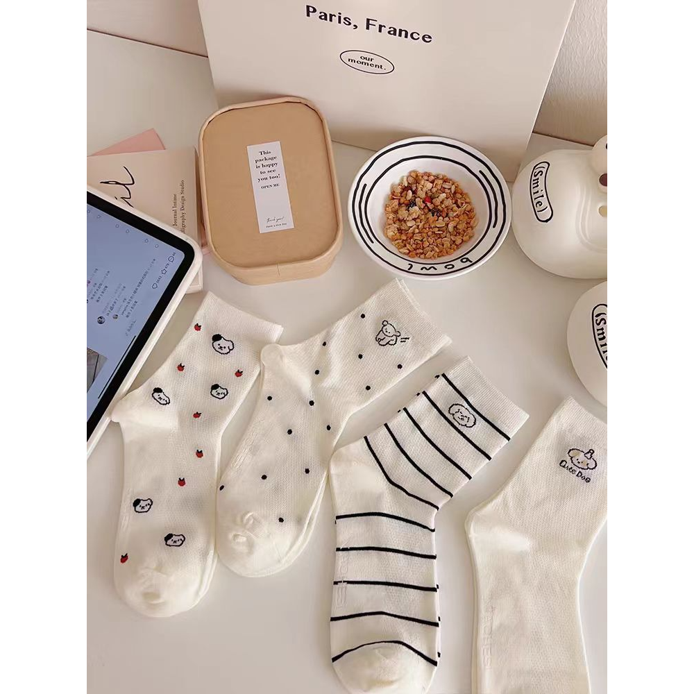 白色小狗袜子女中筒袜ins潮纯棉夏季薄款日系卡通可爱长袜春
