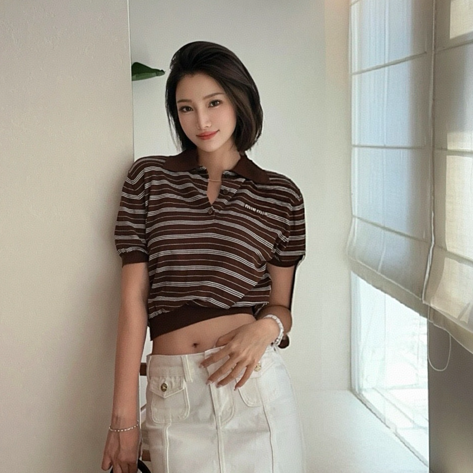 未使用 MIU MIU/缪缪 25SS 条纹polo短袖 咖色/36