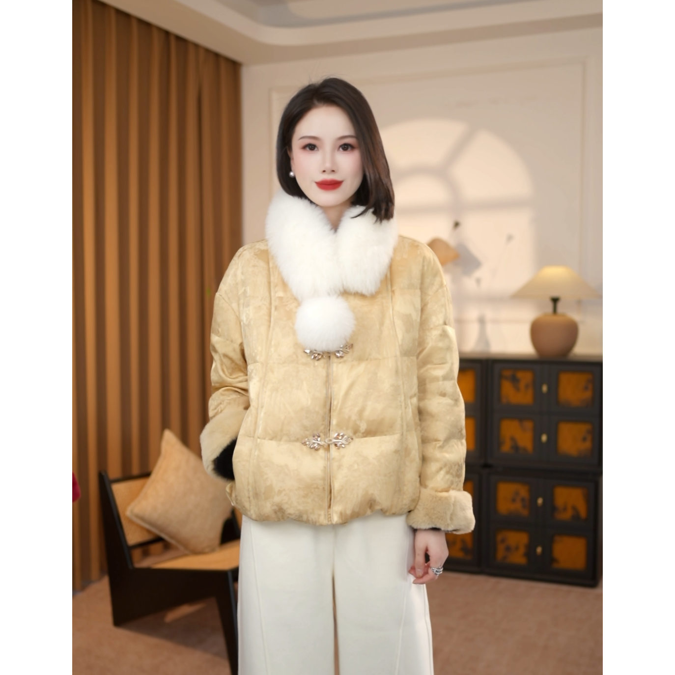 【桃花雪】新中式国风90白鸭绒羽绒服拼接獭兔毛女冬季厚外套G8895