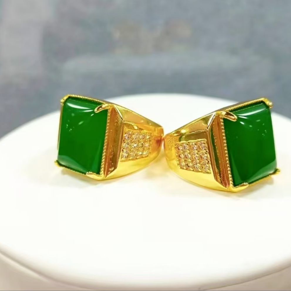 【王总严选】天然大气简约满绿玛瑙方形戒指-