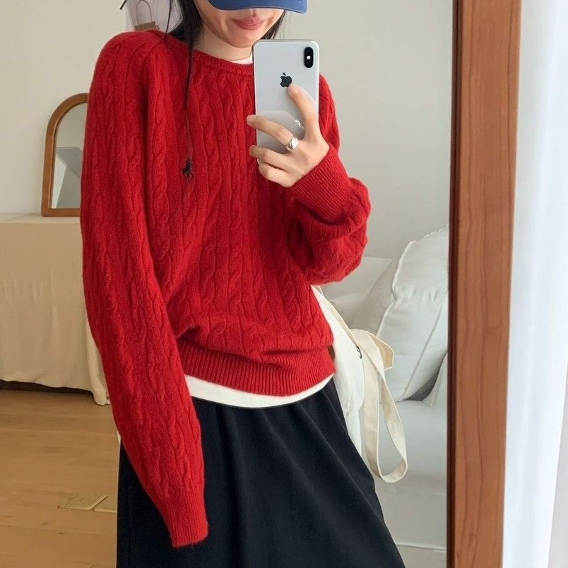秋冬新款纯色麻花套头圆领针织毛衣女百搭内搭加厚上衣打底网红