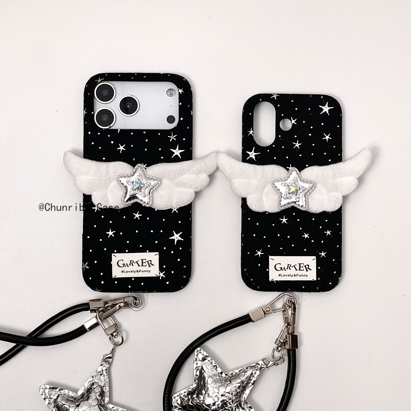 ins绒布黑底波点星星立体翅膀适用苹果17/16promax手机壳15/14/13