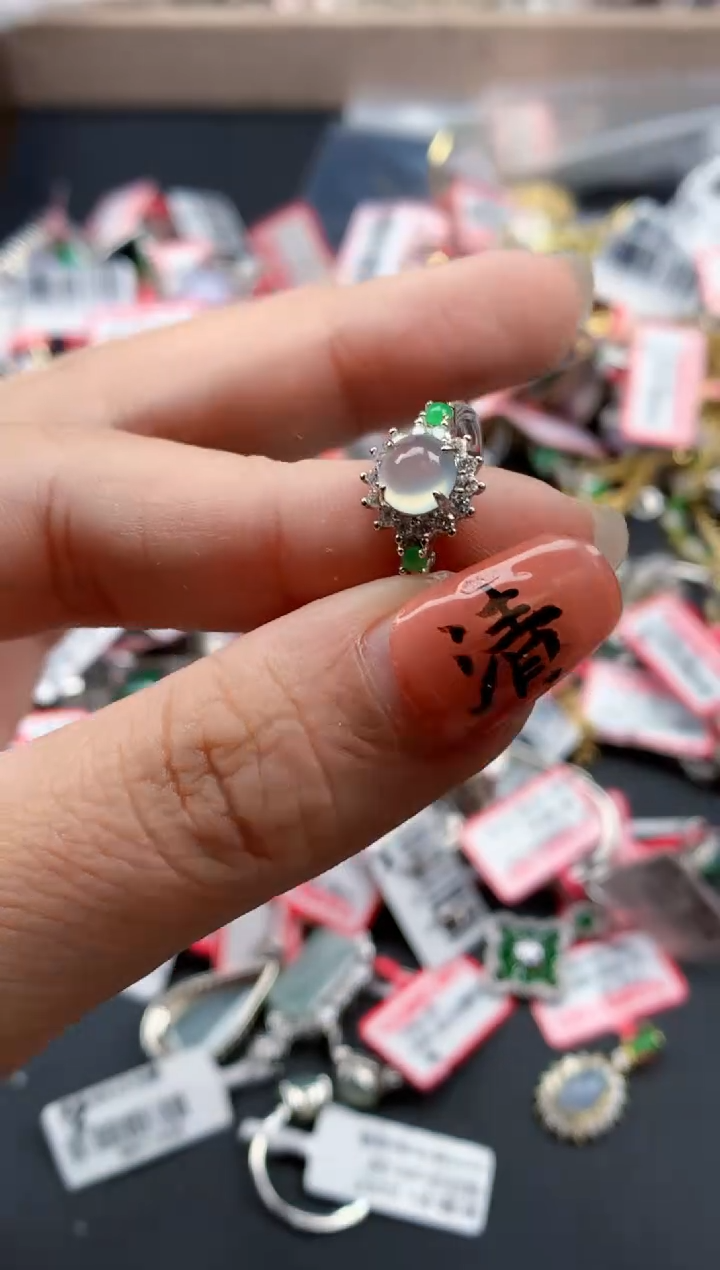 银S925镶嵌戒指翡翠天然A货缅甸翡翠