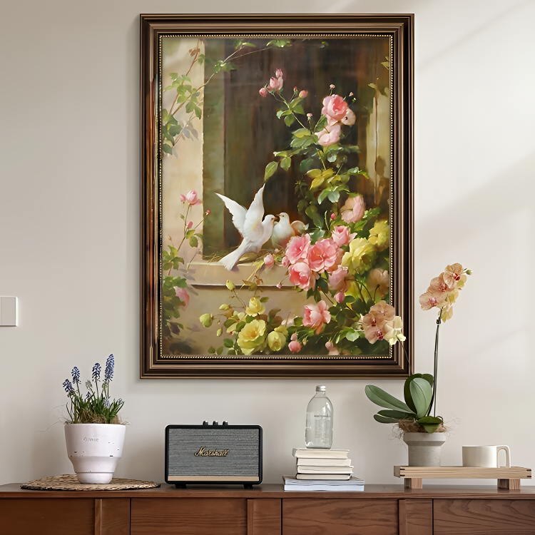 美式玄关挂画玫瑰花卉客餐厅卧室壁画大芬村油画高档走廊过道