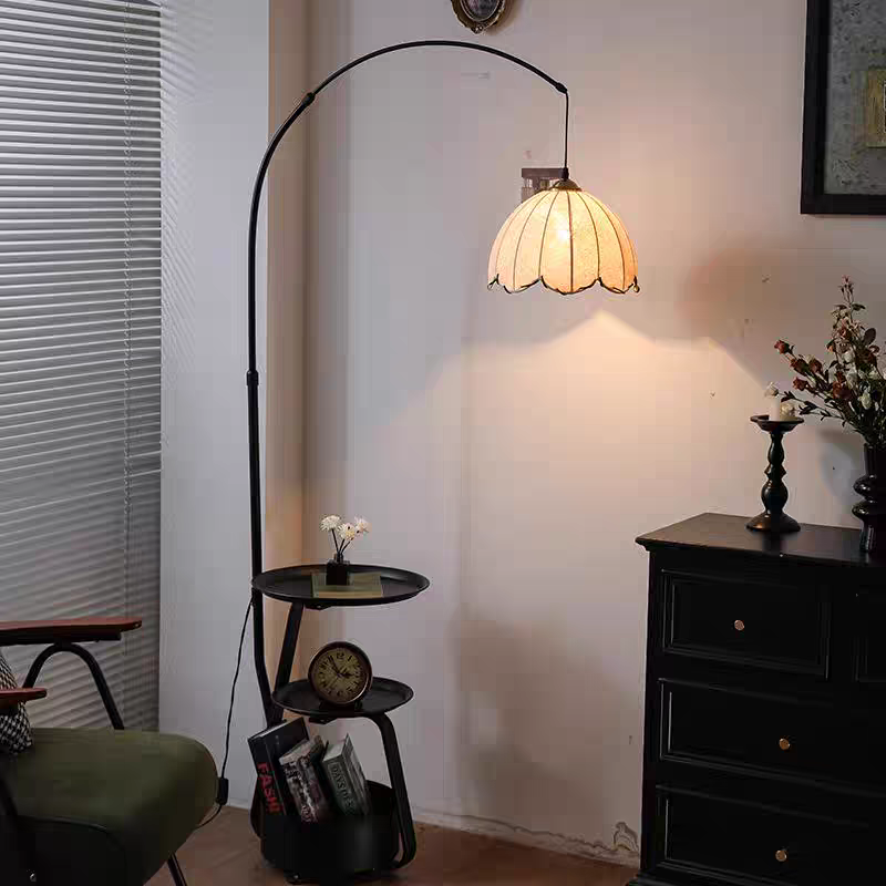 2025新款中古客厅钓鱼灯落地灯美式复古沙发旁边氛围灯置物架一体