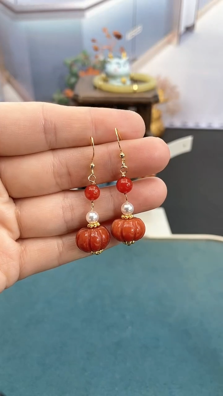 未镶嵌翡翠耳饰14mm红南瓜耳钩