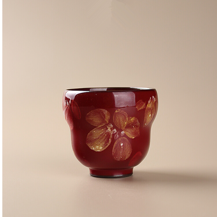 莫奈彩红色葫芦杯家用品茗杯喝茶主人杯故宫红铁胎釉下彩手绘茶杯