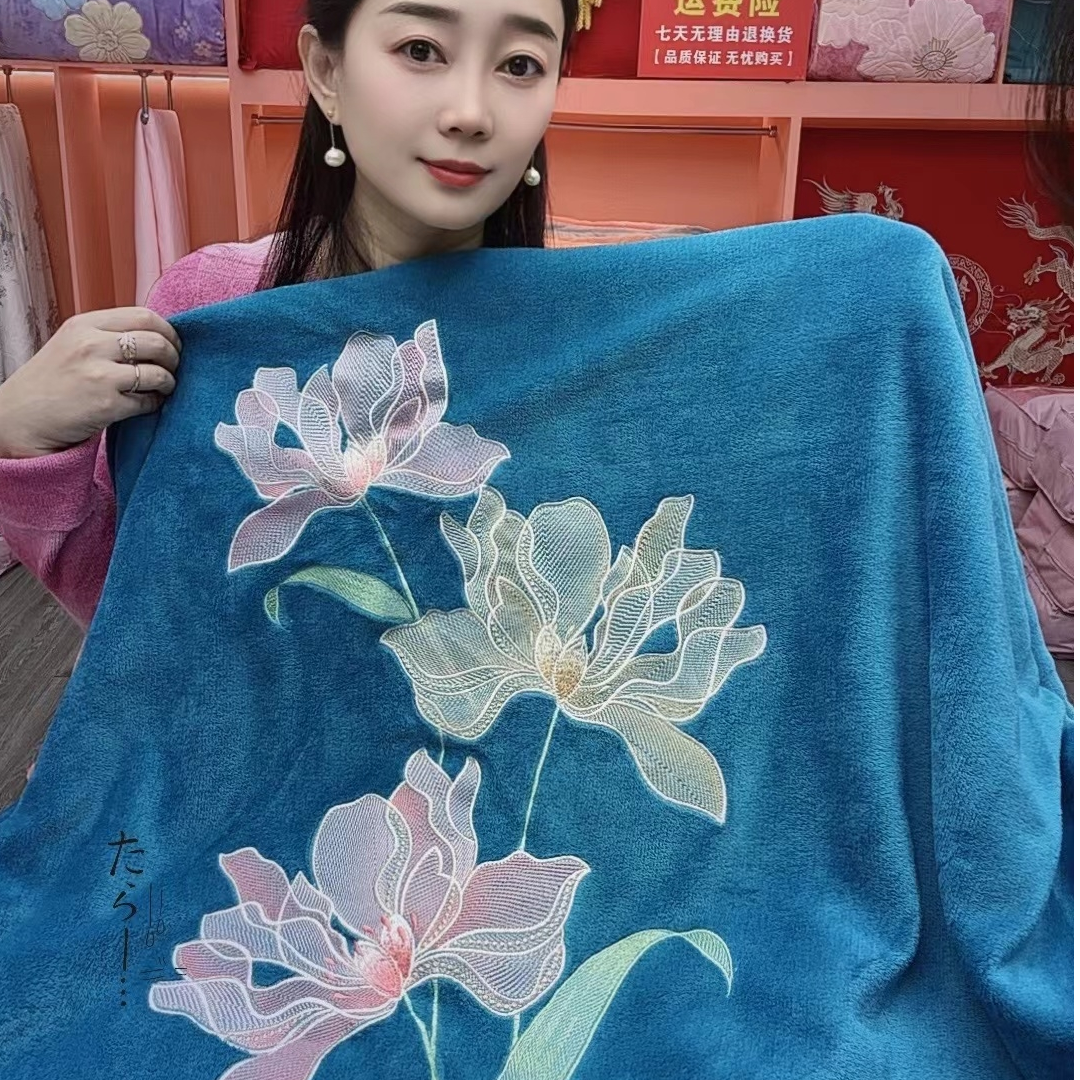 【百合】蓝绣花加厚牛奶绒四件套刺绣牛奶绒被套大床单枕套6