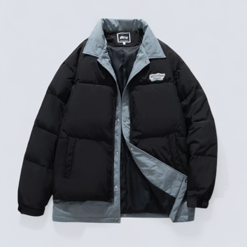 情侣厚款棉服拼接加厚假两件男士冬季撞色棉衣保暖