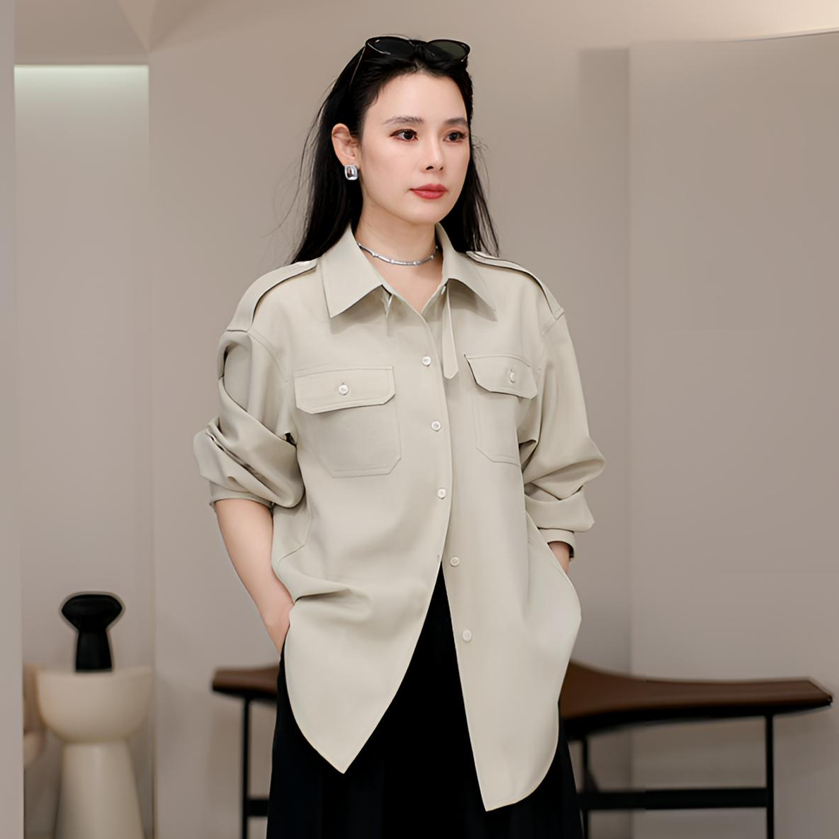 LYNEE【都市猎装】贴袋肩章衬衫女工装风立领衬衣外套TGD2FAW013