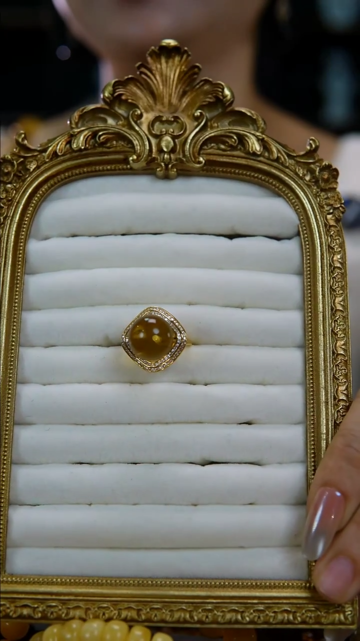 银S925镶嵌蓝珀戒指天然墨西哥14+蓝珀戒指