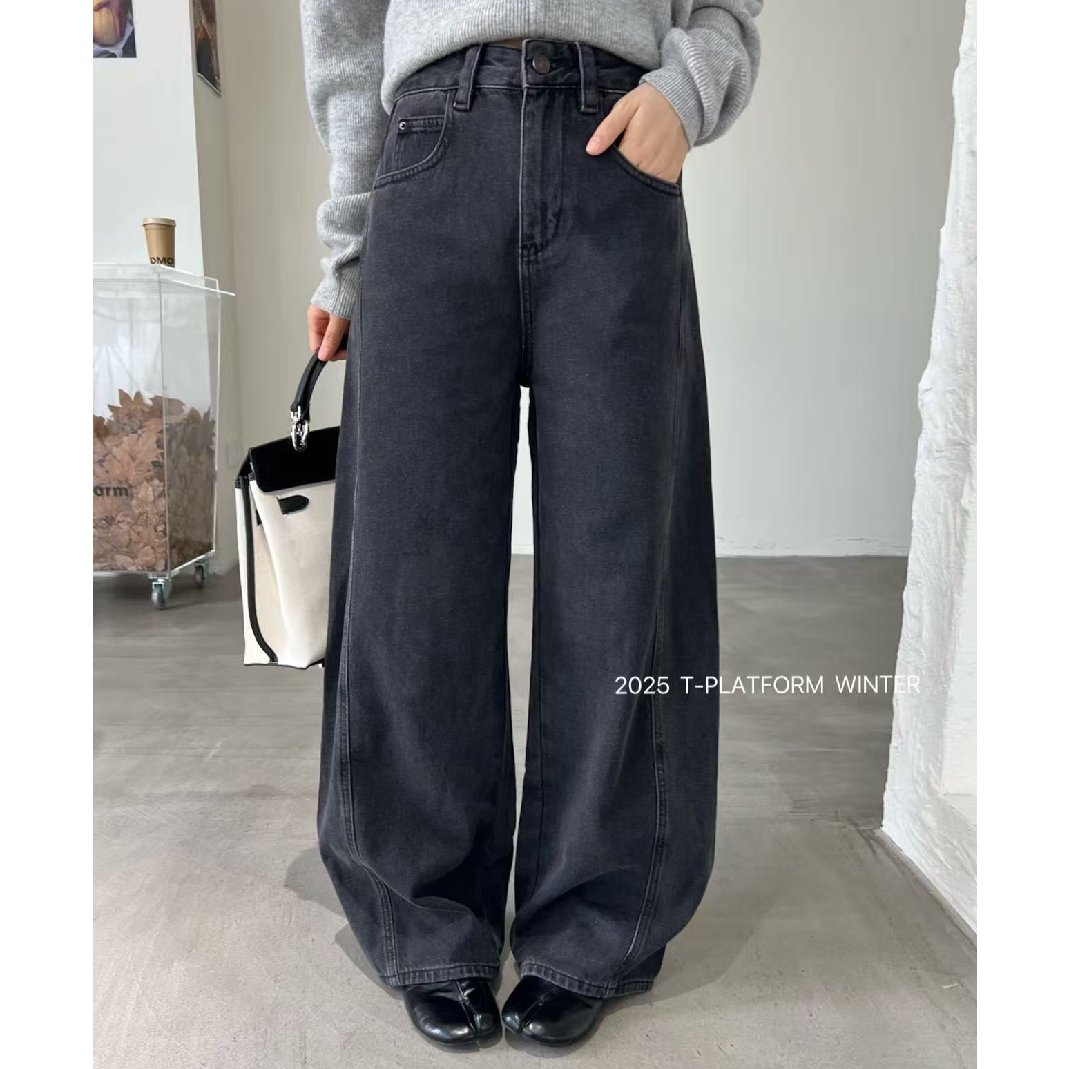 【清】2025冬季韩版宽松直筒纯色百搭加厚磨绒牛仔裤73007