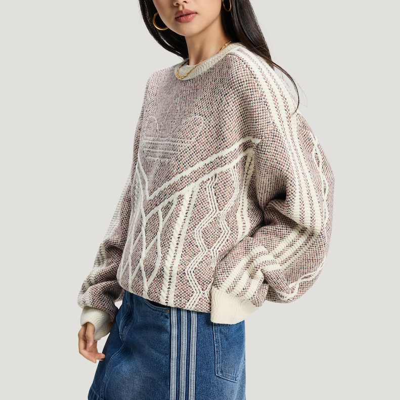 阿迪达斯/adidas三叶草男女同款新年款运动粉白毛衣针织衫 KT0692