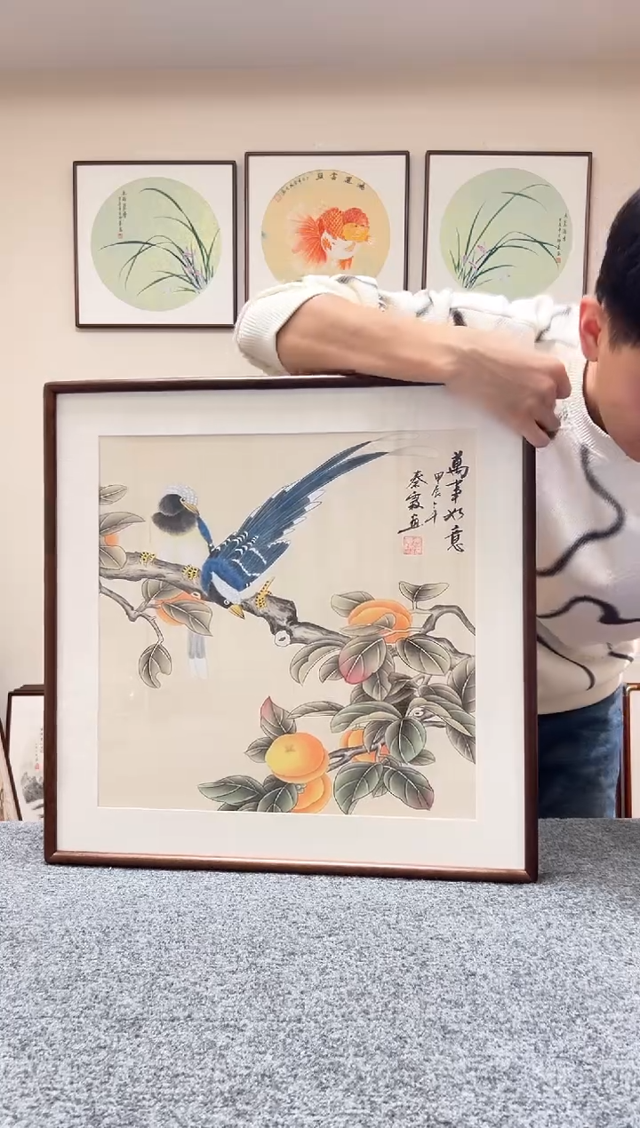 【闪购商品】书法三尺斗方工笔柿子喜鹊52x52胡桃木