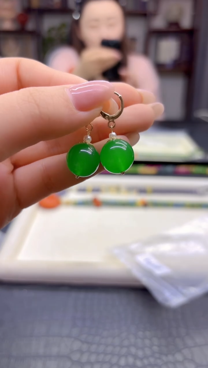 14K金镶嵌翡翠耳饰DIY款E973