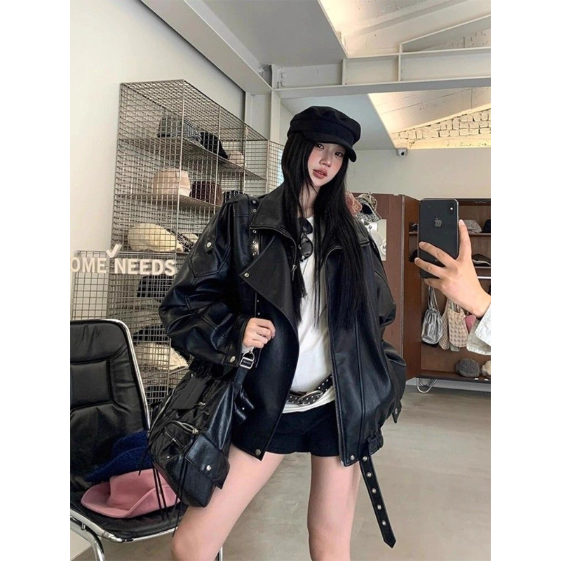 辣妹机车风廓形百搭皮衣女秋冬复古高级感pu皮外套高街黑色夹克潮