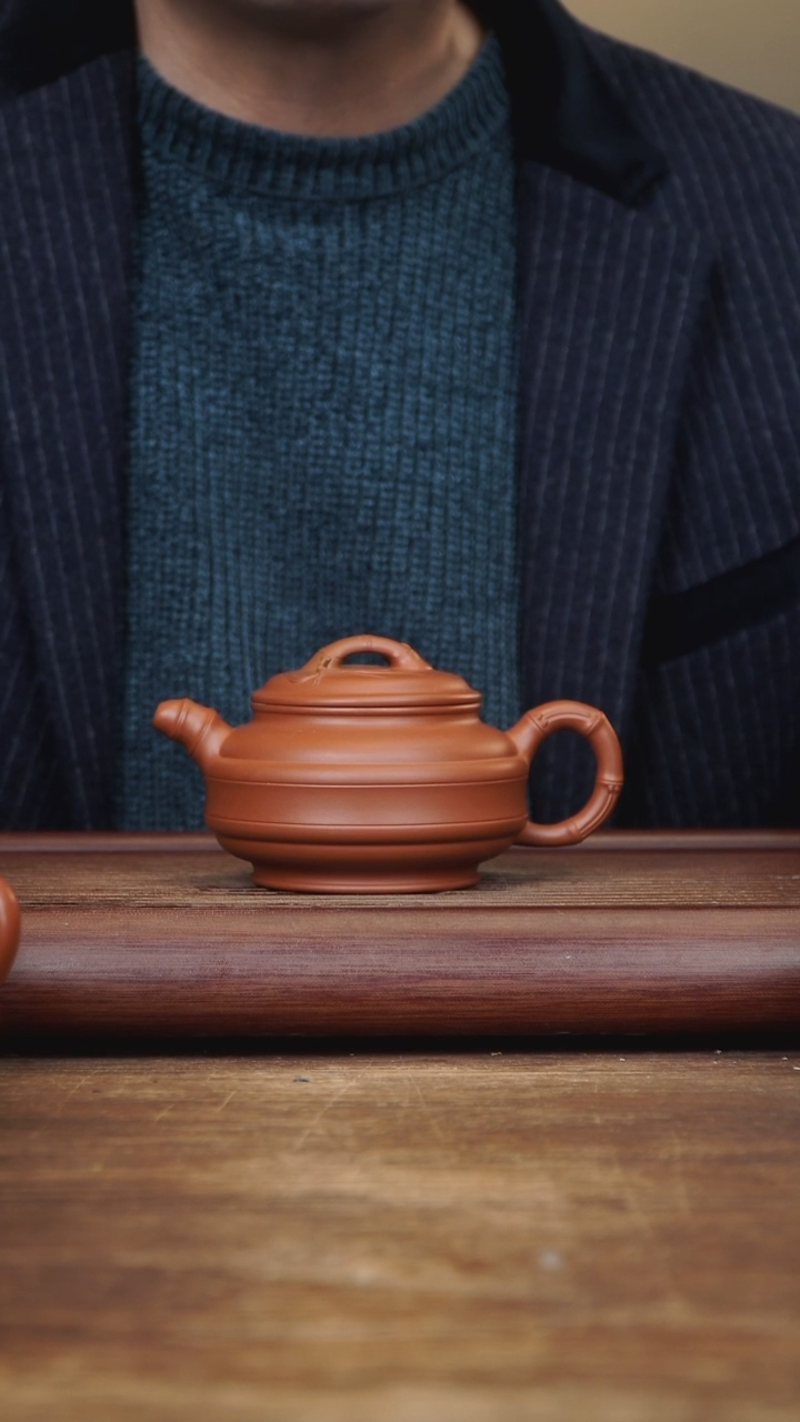 【闪购商品】紫砂茶壶240ml 双线竹鼓 朱泥