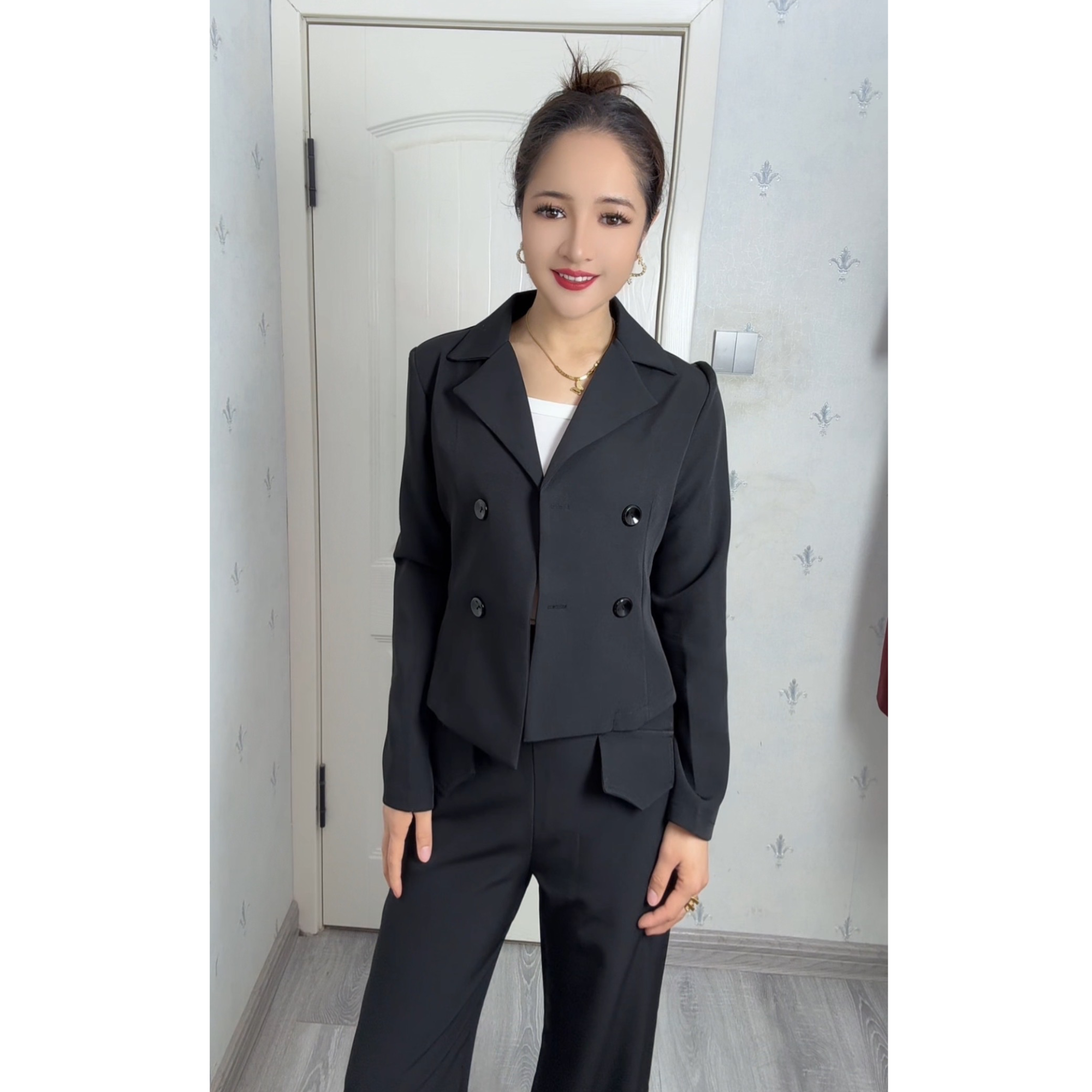 【Zumrat】西装套装春秋气质时尚休闲西服黑色修身秋季两件套显瘦