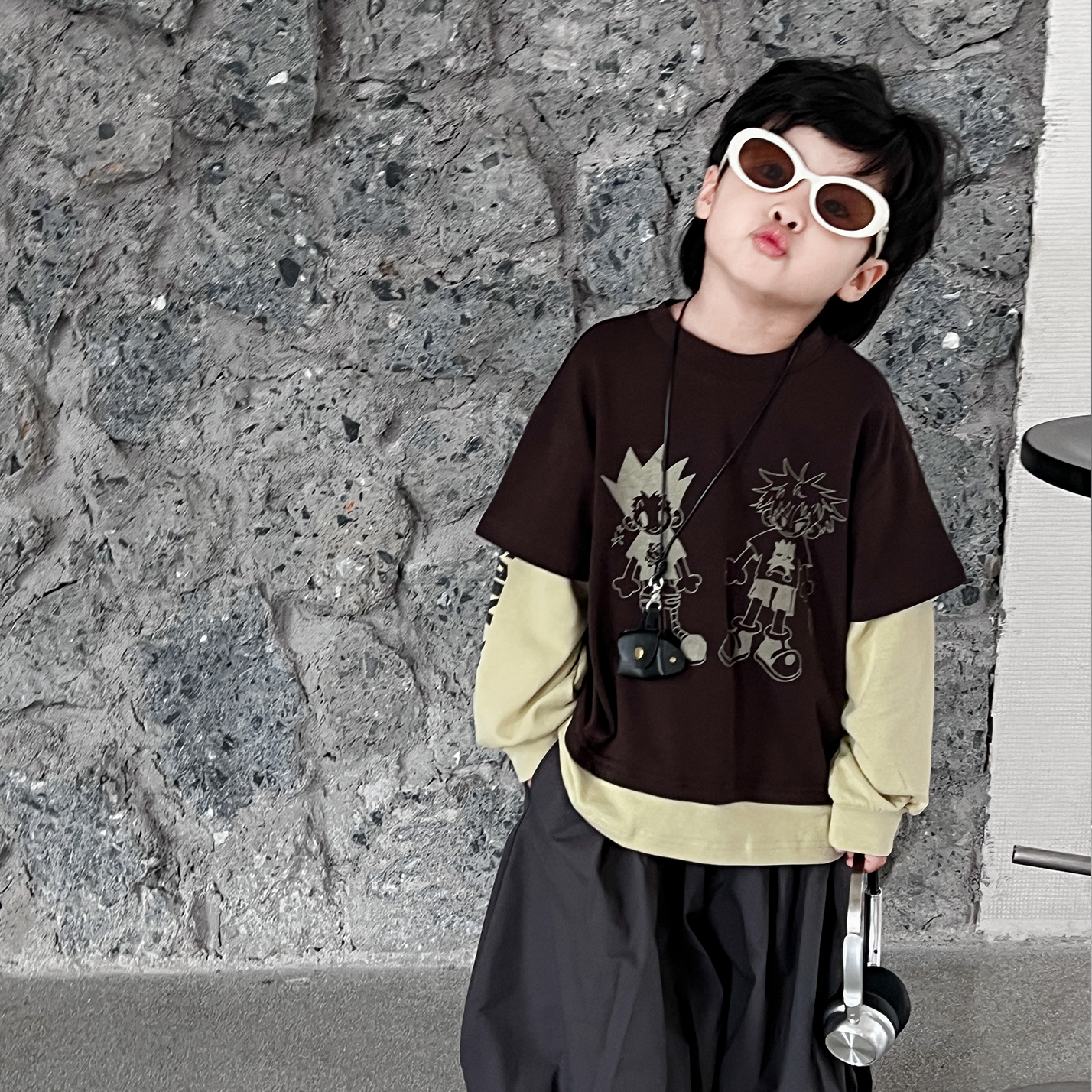 男童假两件T恤2025新款春秋款儿童洋气上衣中小童男孩秋季打底衫