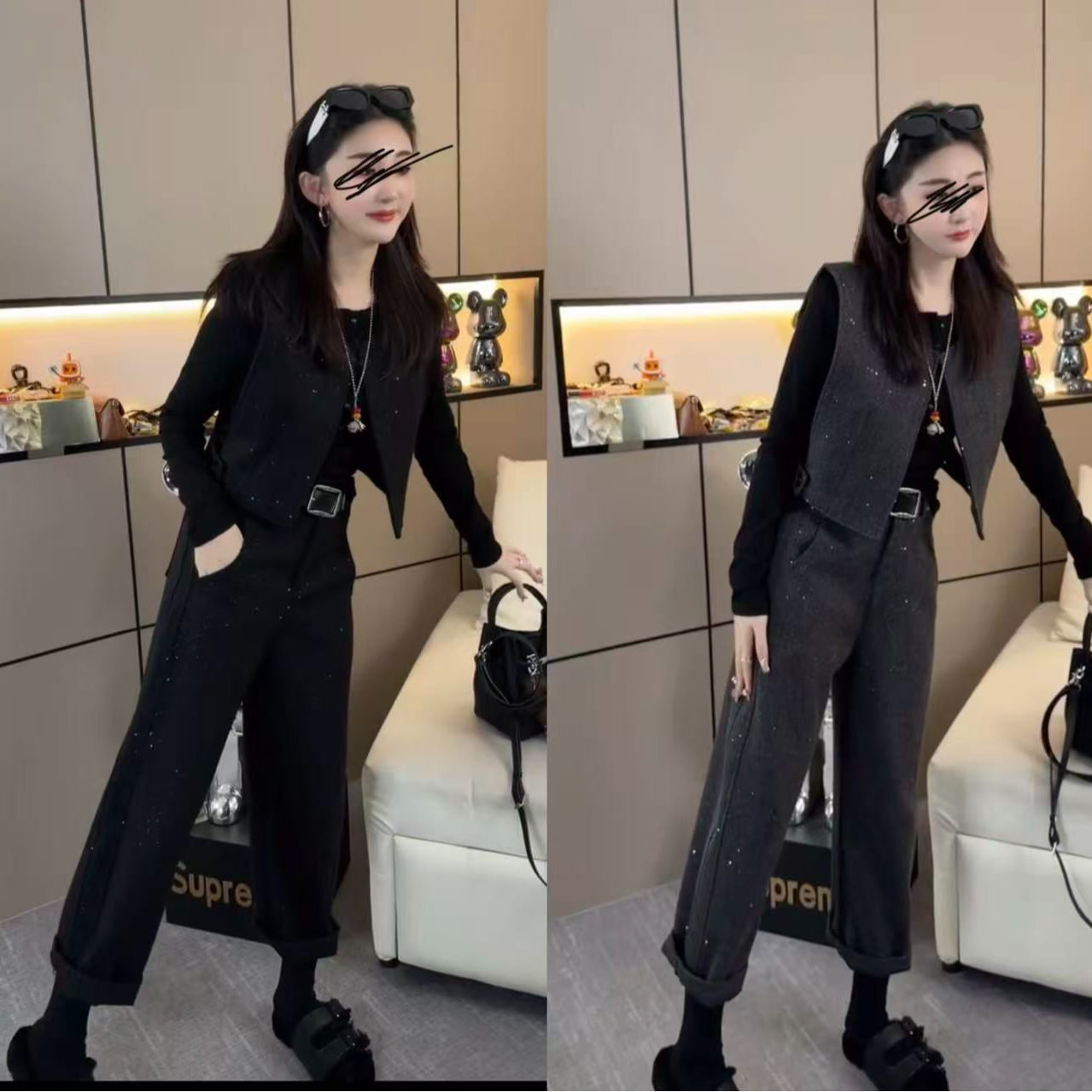 韩版轻奢气质新款法式满天星马甲+打底衫+阔腿裤+腰带