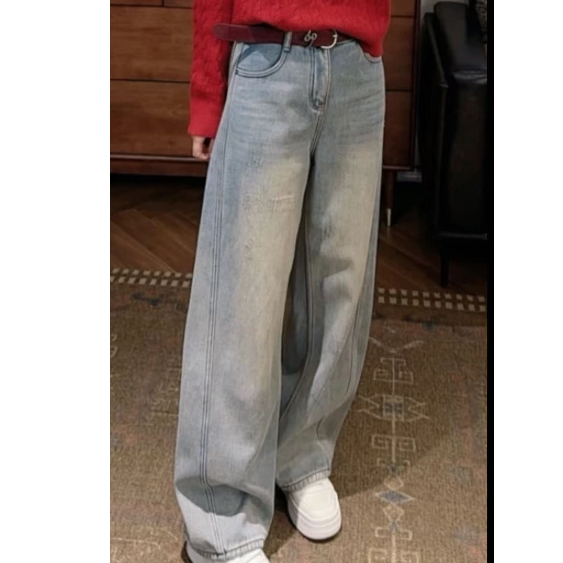 瑶瑶家  "立体裁剪"水洗做旧磨破复合绒弯刀牛仔裤