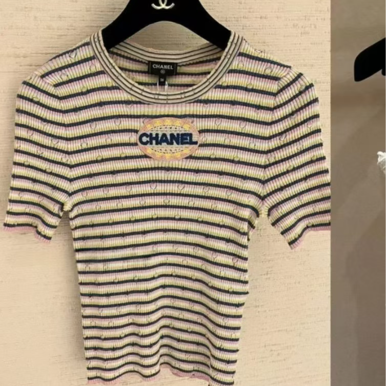 99新 Chanel/香奈儿 Chanel25P针织彩色条纹打底短袖 36码