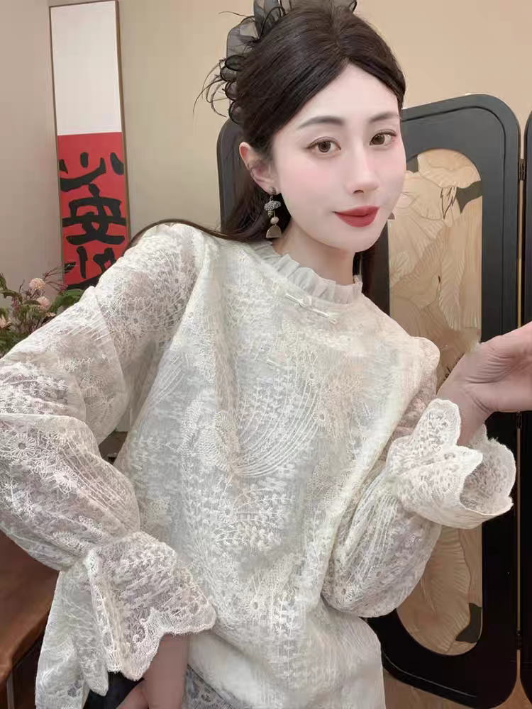 新中式蕾丝盘扣衬衫2025年春季新款复古国风年轻时尚百搭衬衣上衣