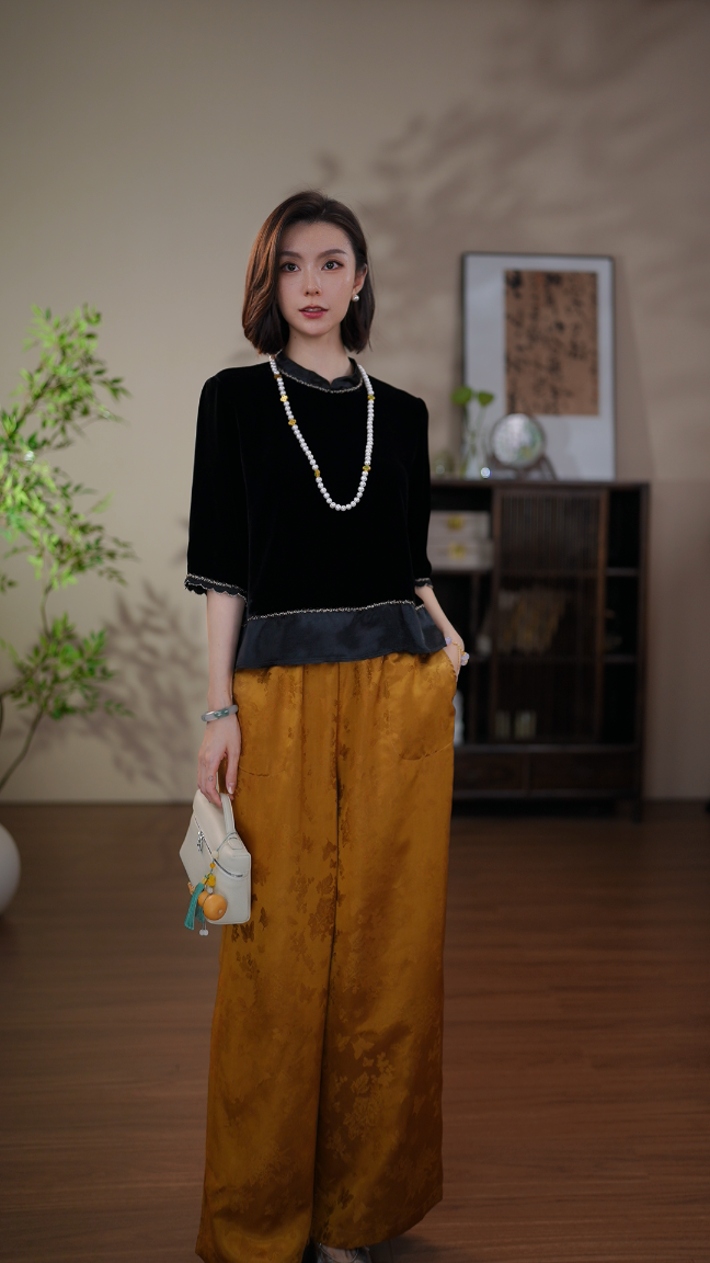 GONG QUE 新中式桑蚕丝真丝丝绒圆领五分袖气质显瘦上衣 3325