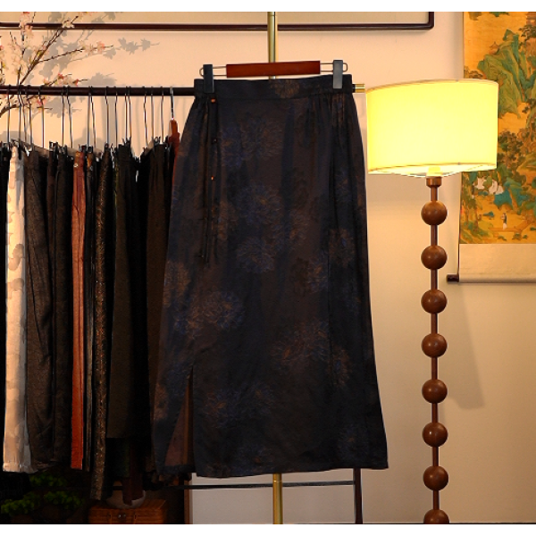 【山居秋暝-香云纱半身裙】中式国风印花香云纱半身裙0314