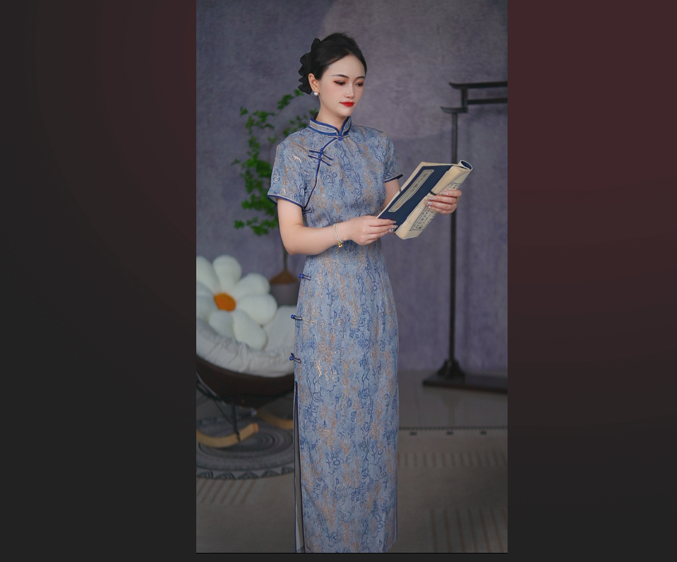 新款高端优雅长款甲骨文字优雅旗袍气质中式日常高级修身显瘦宋锦