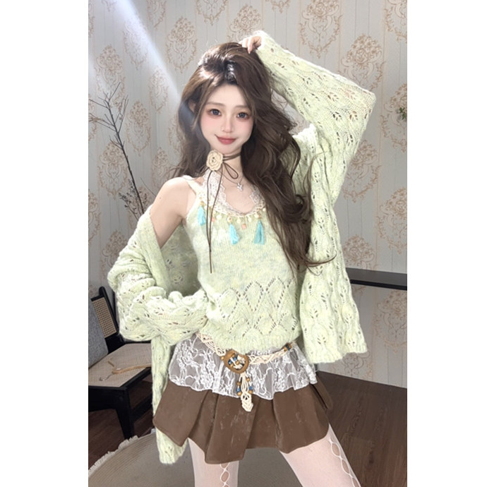{芭菲契茶屋}绿色针织毛衣女秋冬款显瘦长袖辣妹 复古小众
