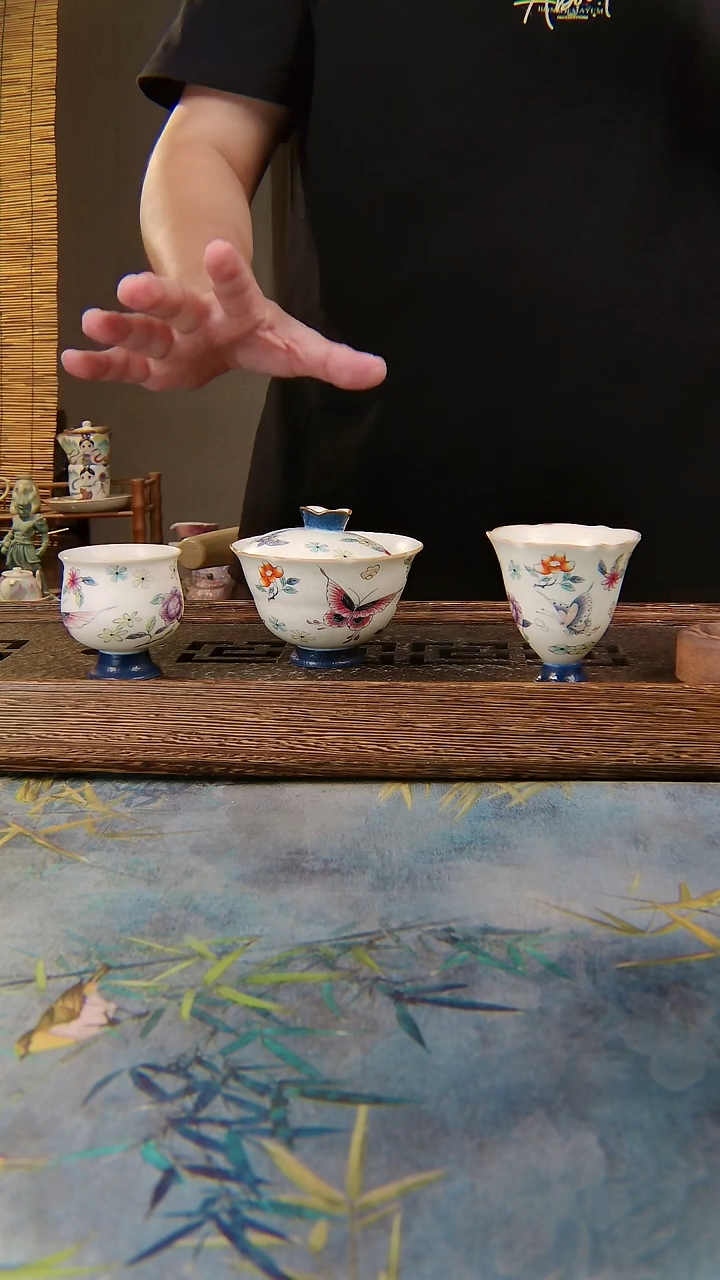 亘古茶具柴烧精品@缠枝莲盖碗组合