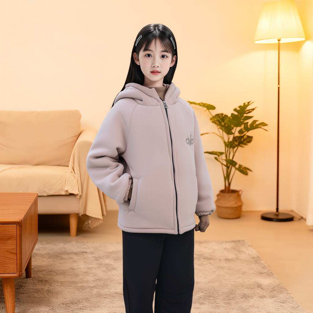 【a丨o】中大童冬装休闲风加绒连帽家居服套装韩版保暖休闲