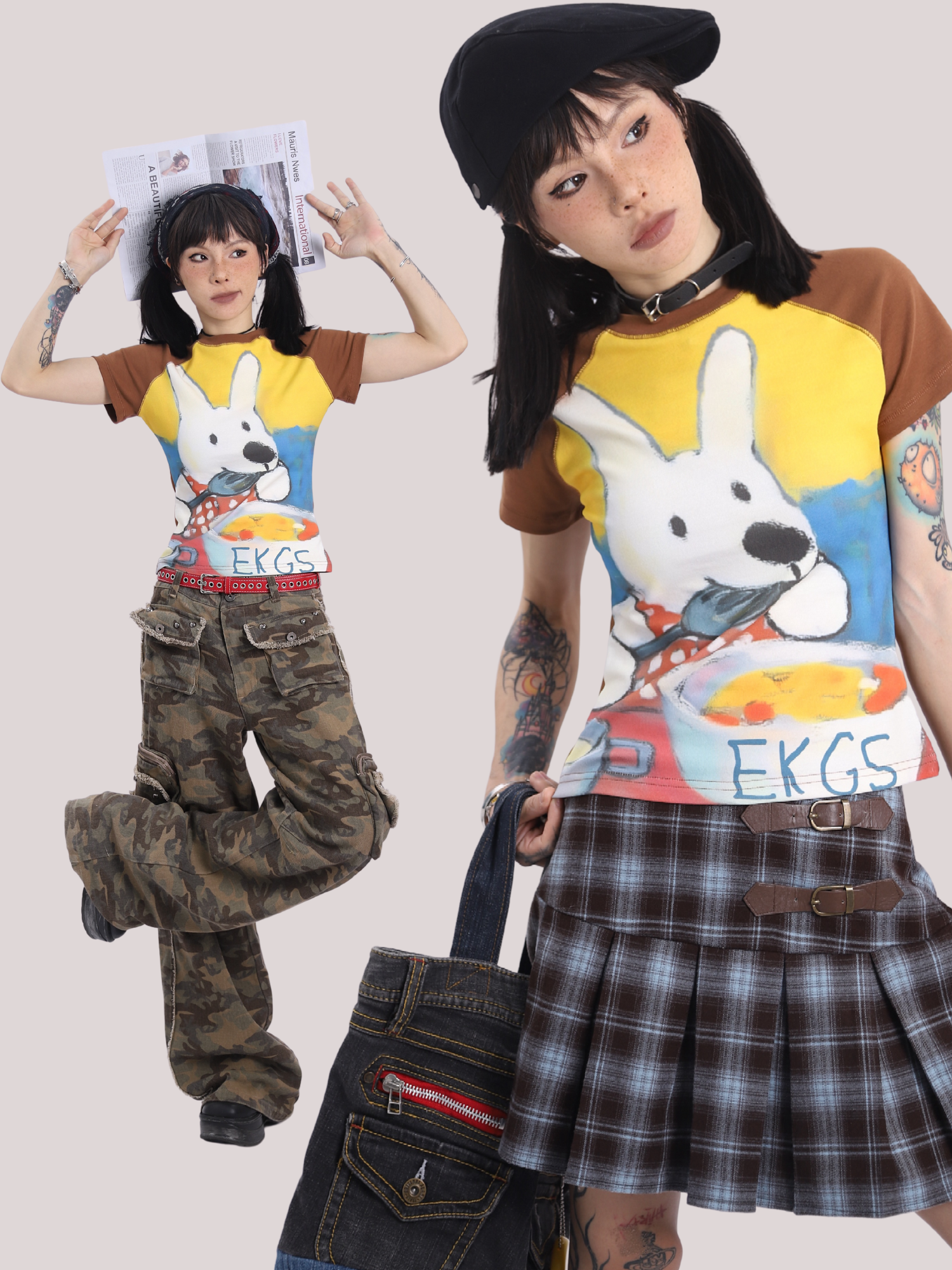 happyes“小兔午餐”法式油画复古夏季插肩袖/烧花直喷纯棉活泼短袖