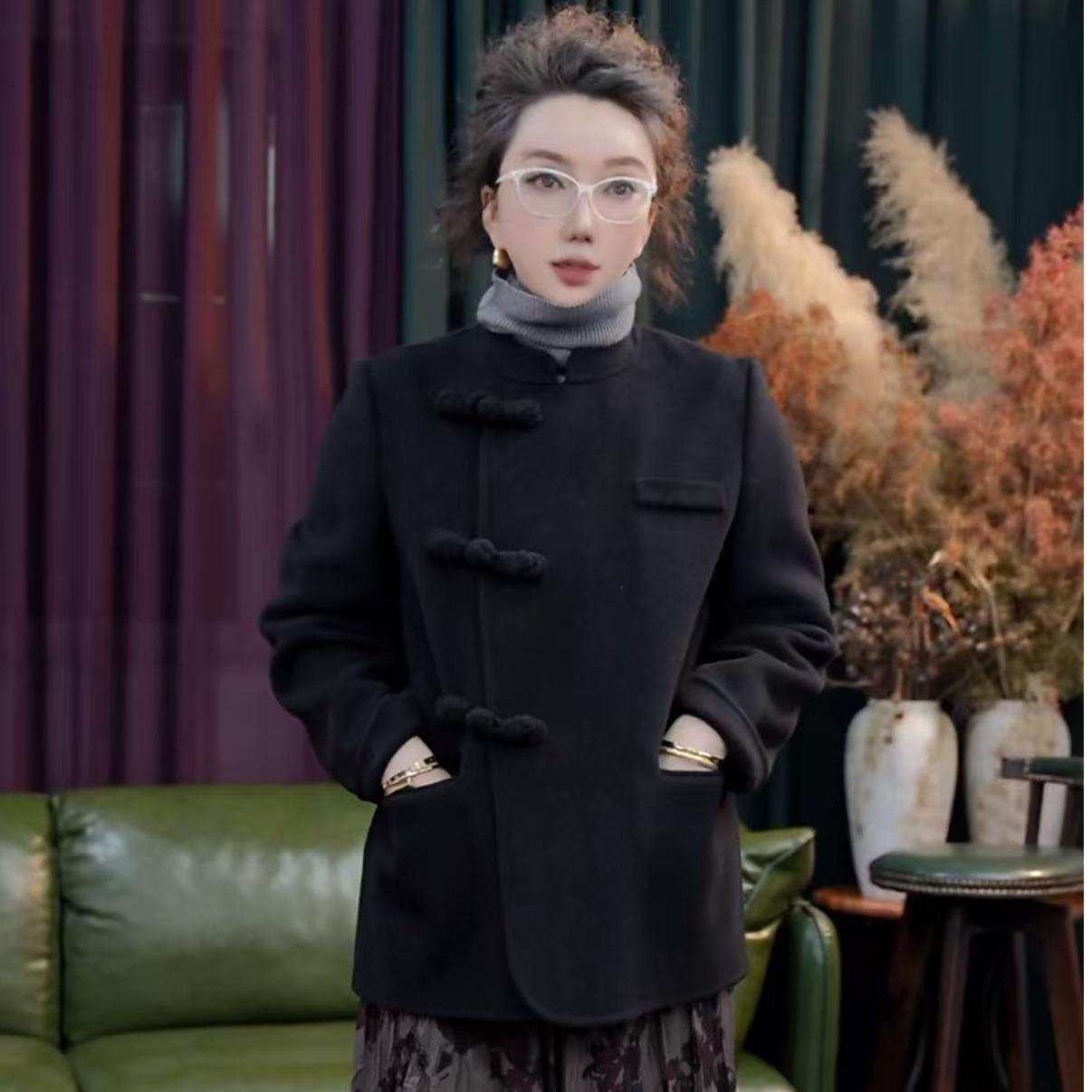 和润立亨秋冬纯羊毛新中式盘扣外套中国风