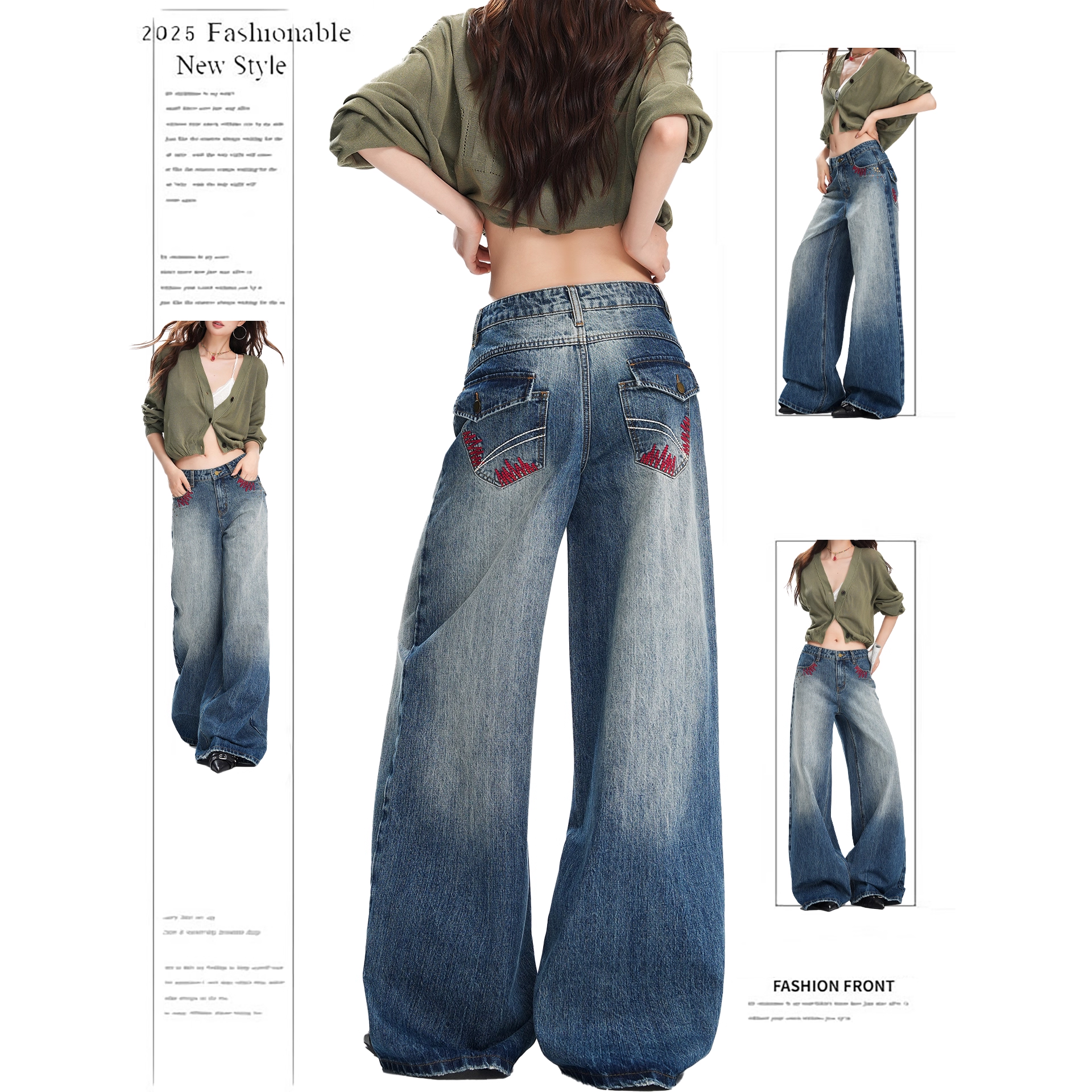 独特设计感刺绣阔腿牛仔裤女2025秋季新款重工水洗烫钻宽松直筒裤