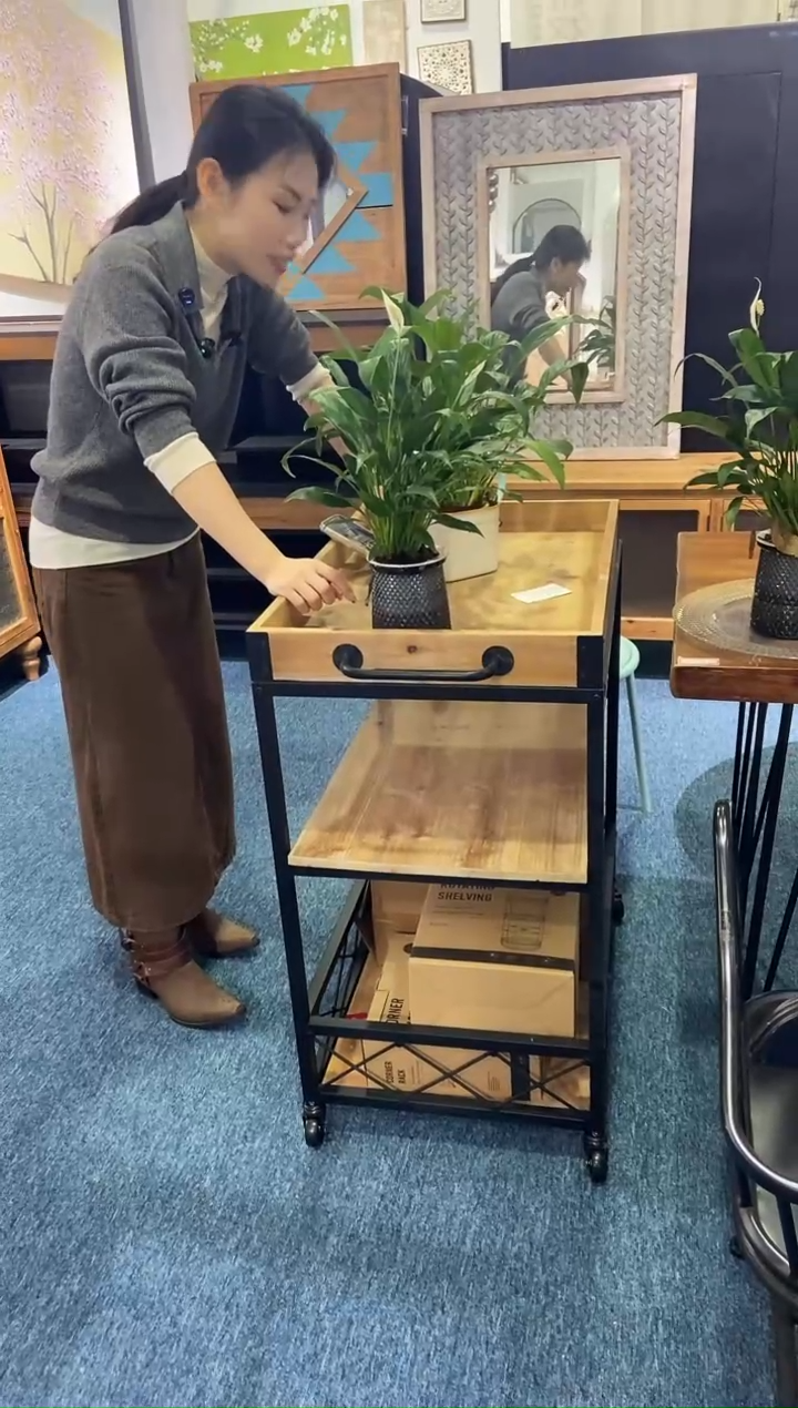 木实木铁艺置物小推车