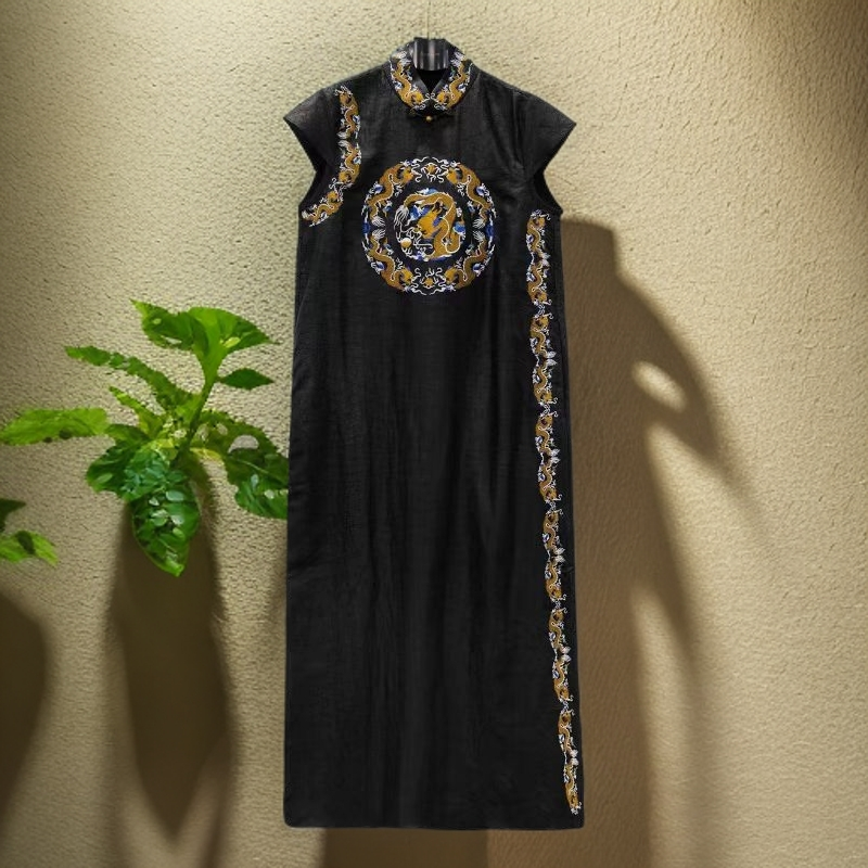 【娇娇美娇】娑尔100桑蚕丝香云纱团龙刺绣连衣裙SH1LB02044