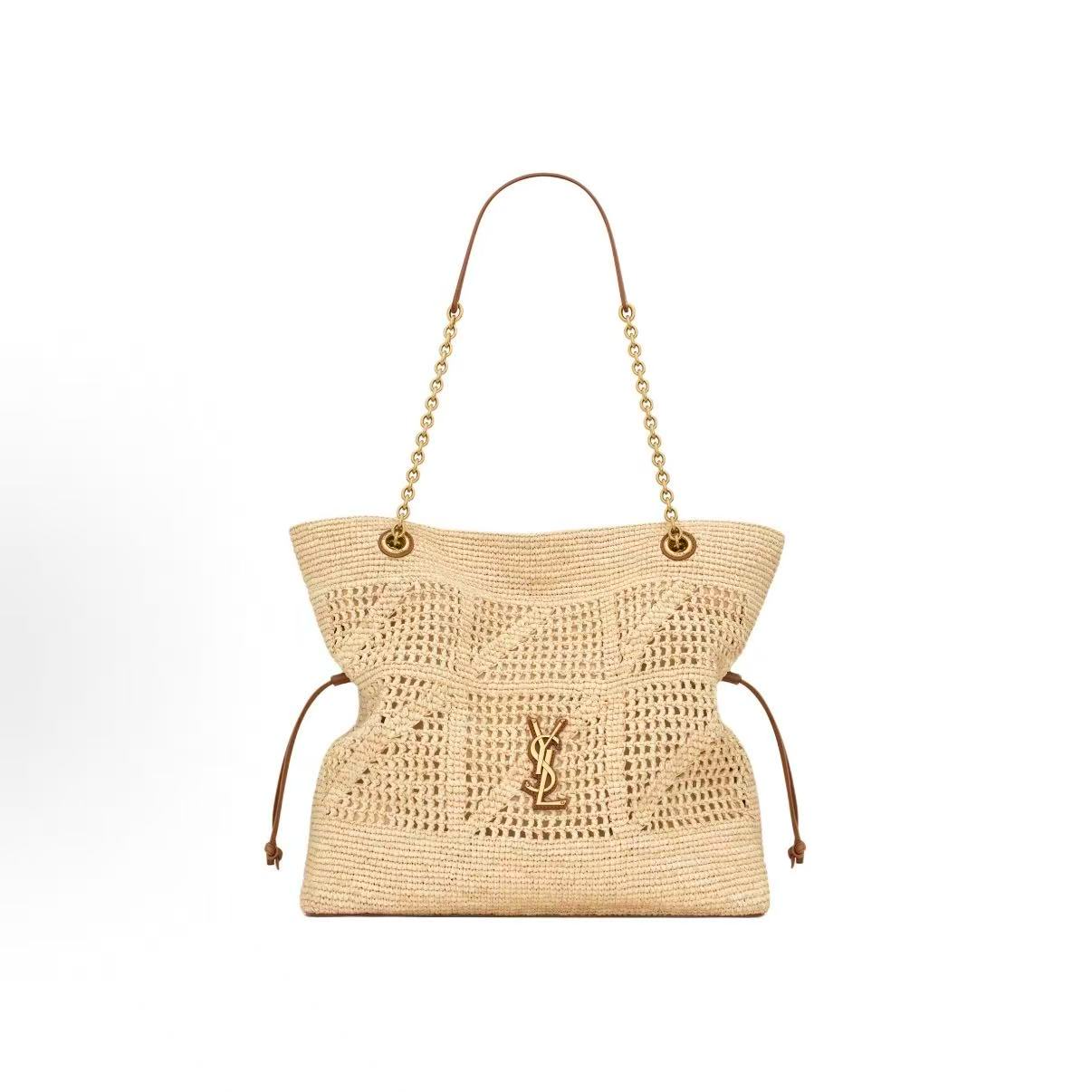 99新 YSL/圣罗兰 Jamie 拉菲草托特包Tote包自然色拼砖红色