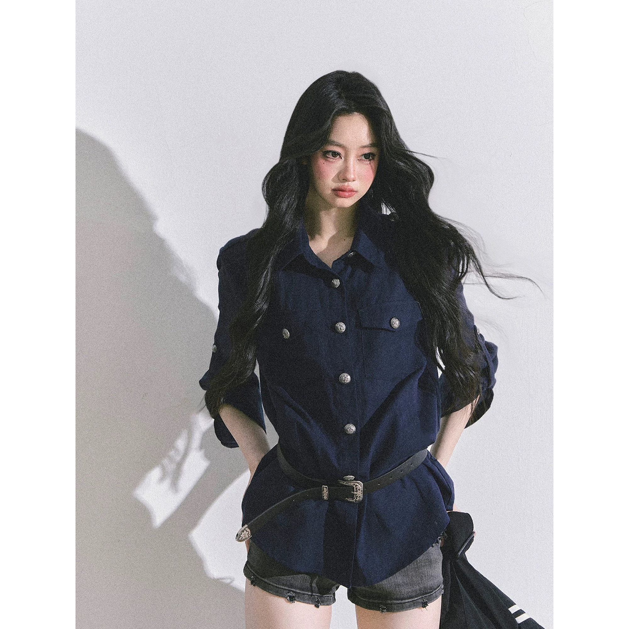 极简腔调 小众简约风polo领白色衬衫女秋C 9445#