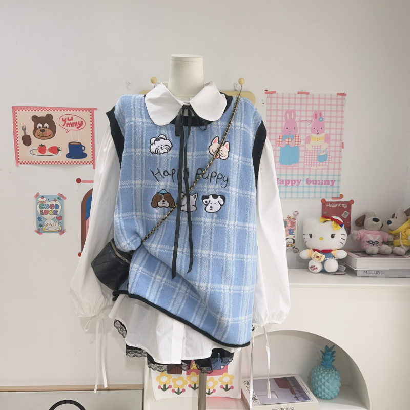 【钱呼呼】2025甜美清新学院时尚套装背心宽松格子无袖针织上衣