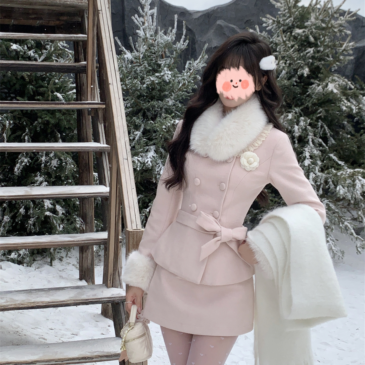 矜贵千金 法式高级感套装春秋毛绒拼接毛呢外套半身裙女-3656