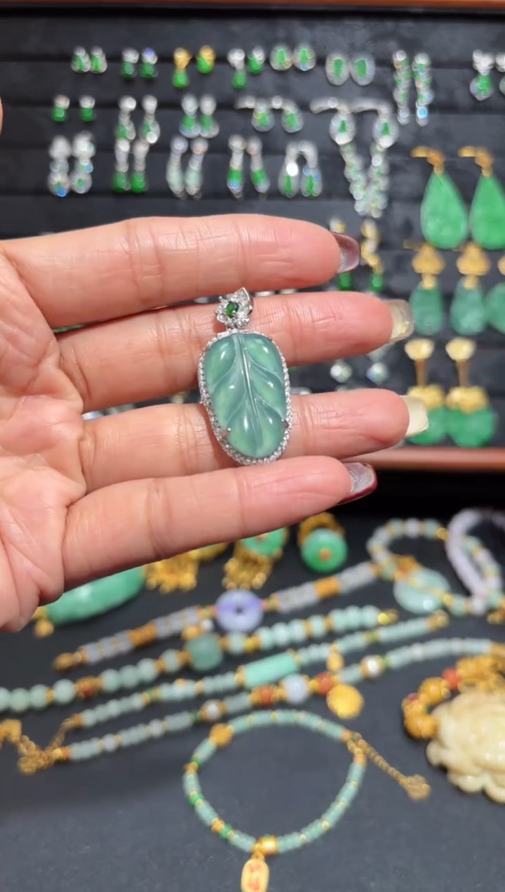 【闪购商品】翡翠颈饰银S925镶嵌叶子/支持复检/一件