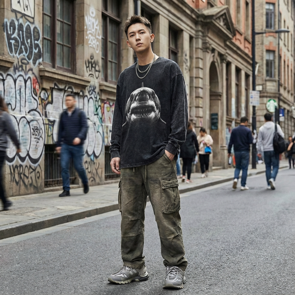 【巨齿鲨】做旧水洗秋冬重磅纯棉长袖宽松280g手绘设计款