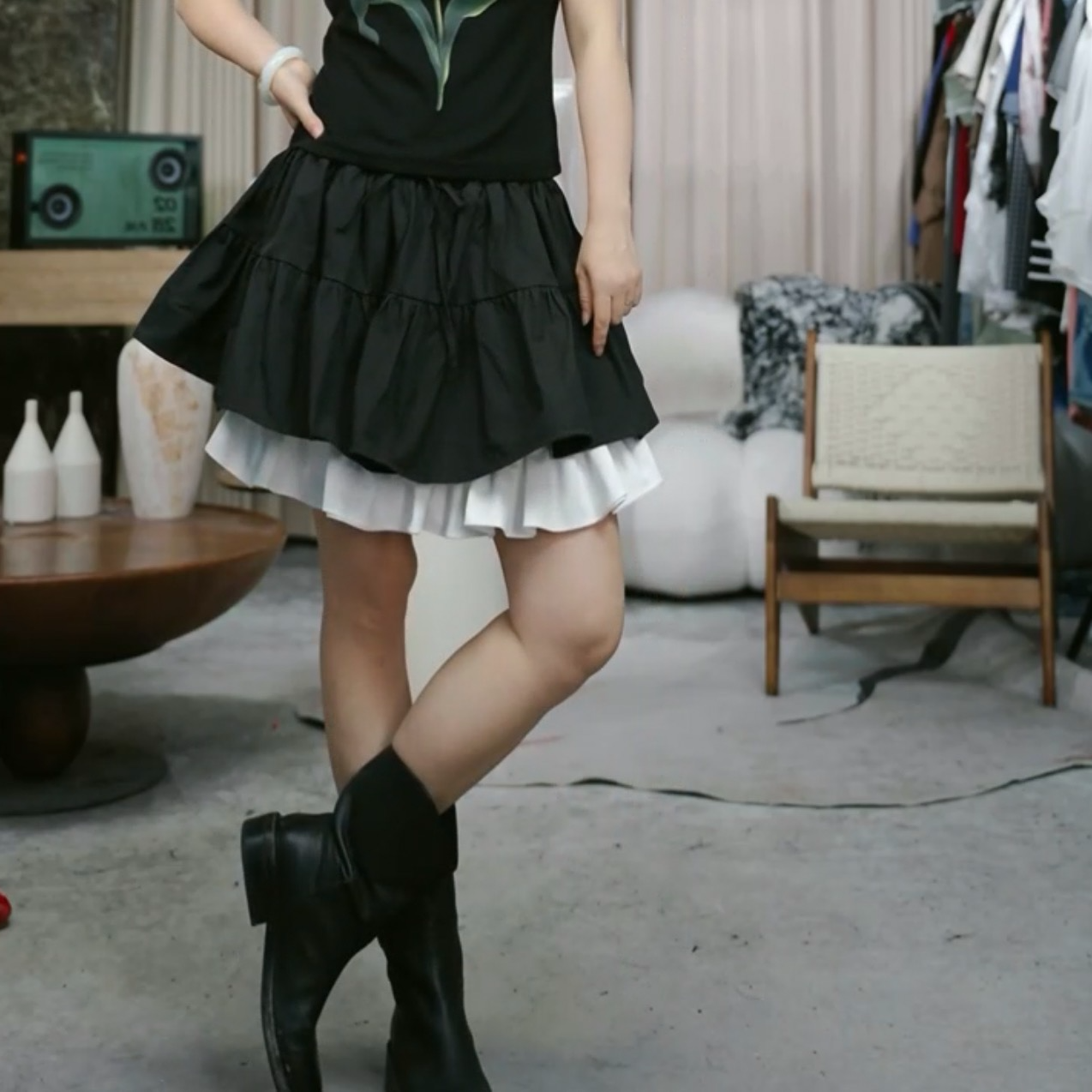 infobyfive2025夏季假两件拼色花苞双层短裙半身裙一店NF0506515