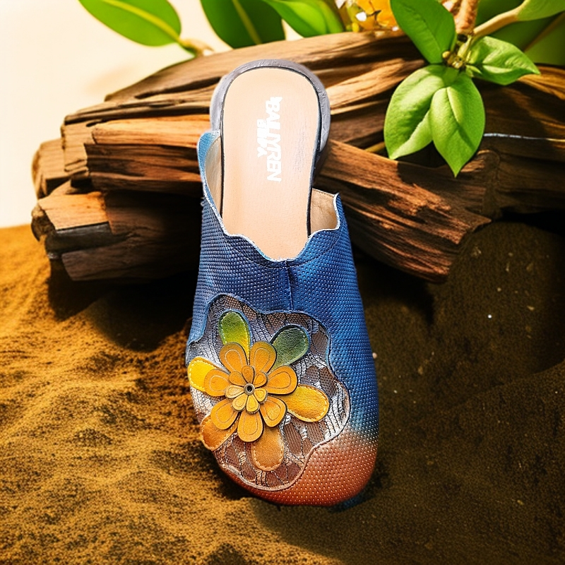 21-3新中式复古包头女士新款夏季镂空罗马鞋外穿真皮软底凉拖