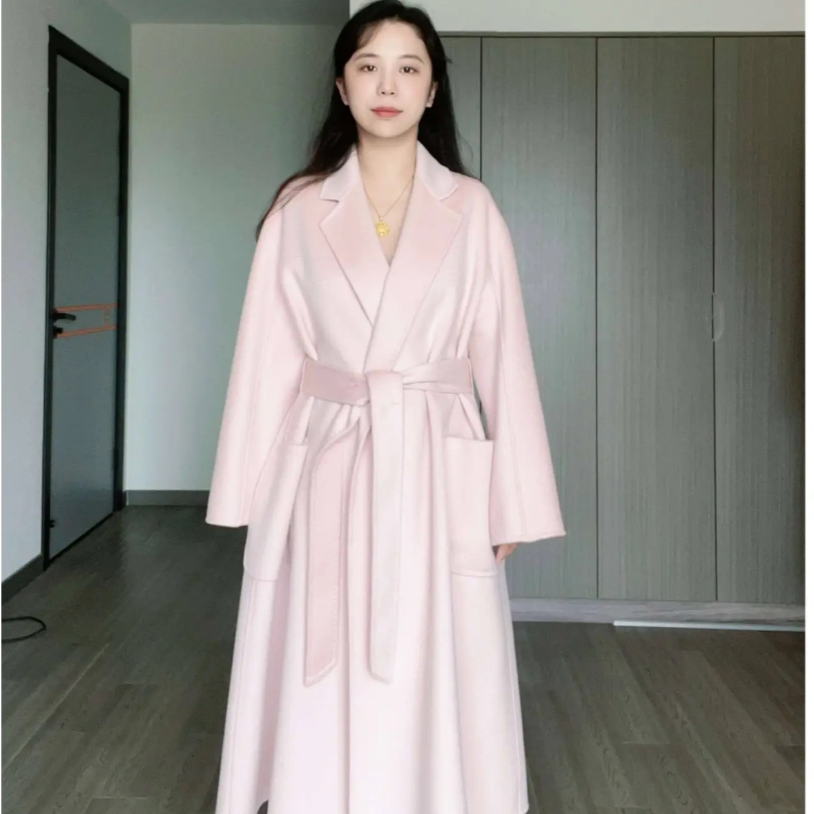 大衣<白玉粉浴袍>浅粉淡粉色水波纹浴袍款双面羊绒羊羔毛轻奢新款